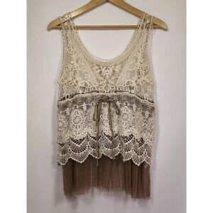 Ryu Crochet Lace Tulle Hem Sleeveless Top Cream Brown Boho Cottagecore Small/Med